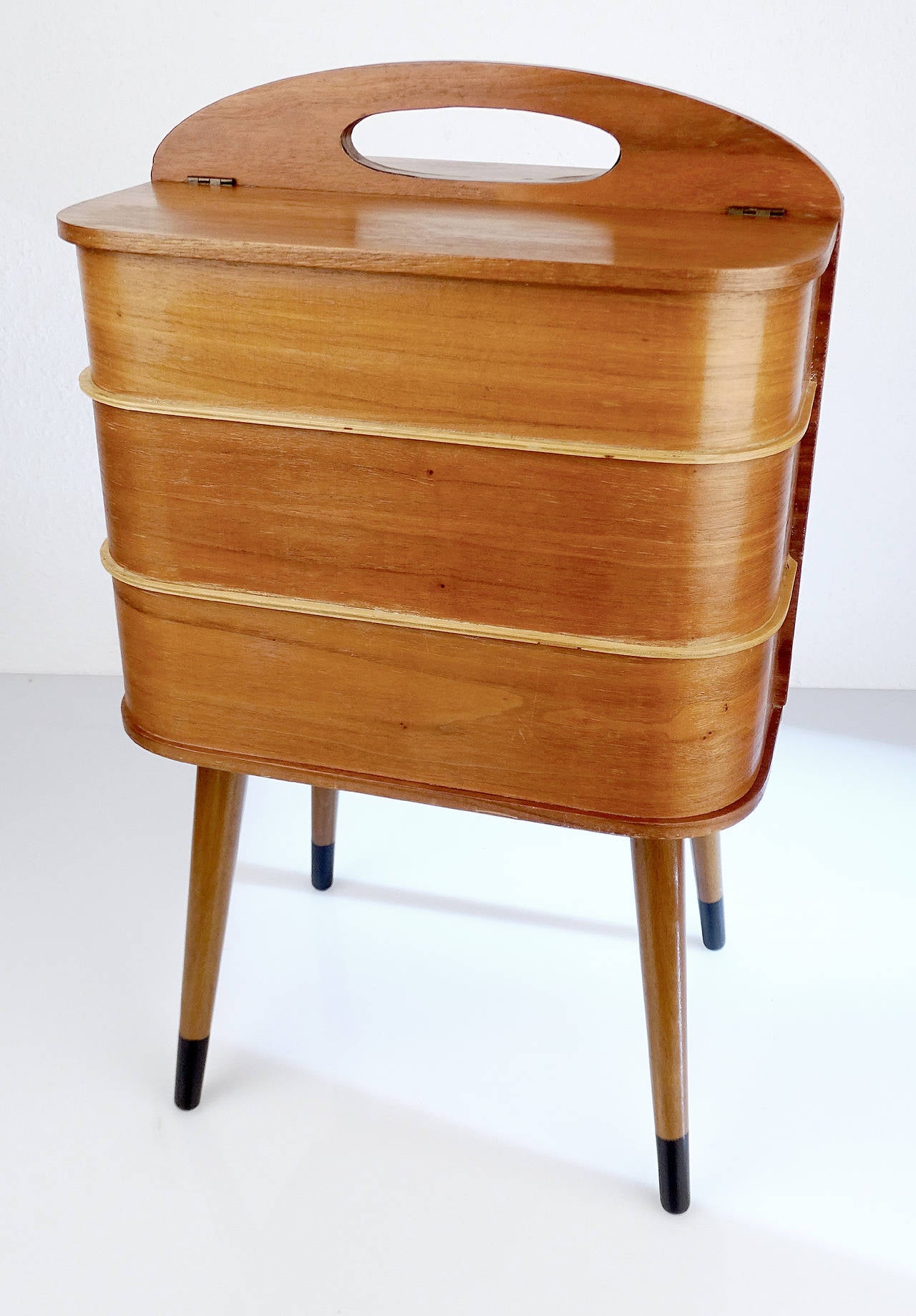 Mid-20th Century Danish Portable Sewing Box Vanity Side Table with Revolving Drawers
