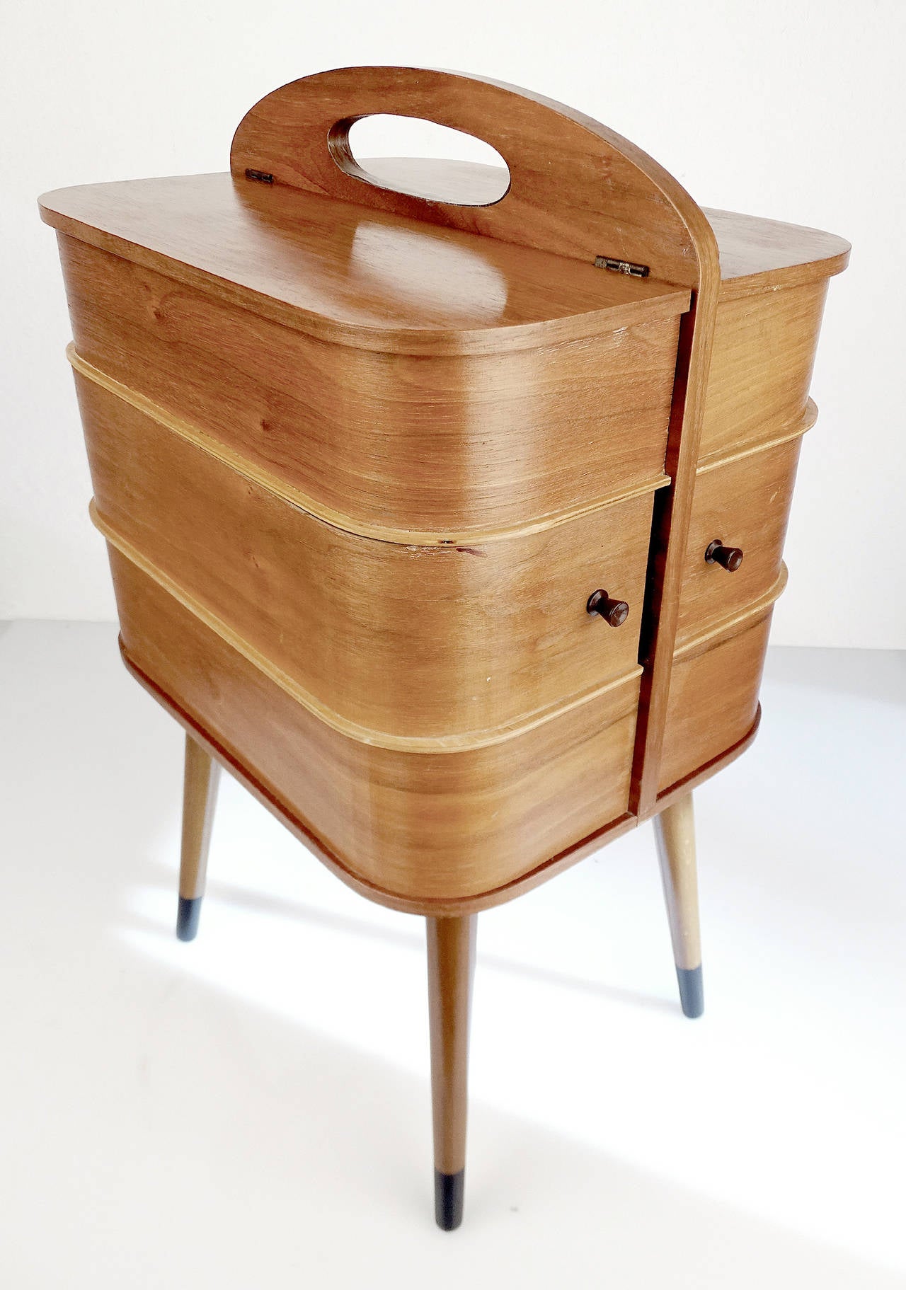 Scandinavian Modern Danish Portable Sewing Box Vanity Side Table with Revolving Drawers