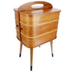 Vintage Danish Portable Sewing Box Vanity Side Table with Revolving Drawers