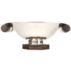 Vintage French Art Deco Silver Plate Bowl with Rosewood Accents, 1930s Modernist Design 