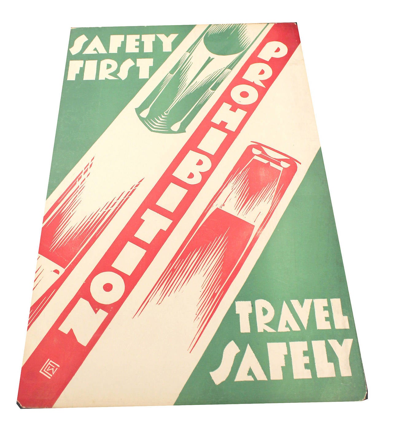 Fantastic Art Deco modernist lithograpy poster from the USA alcohol prohibition era, highly stylised with cars racing on motorway.

The Art Deco style name was derived from the Exposition Internationale des Arts Décoratifs et Industriels