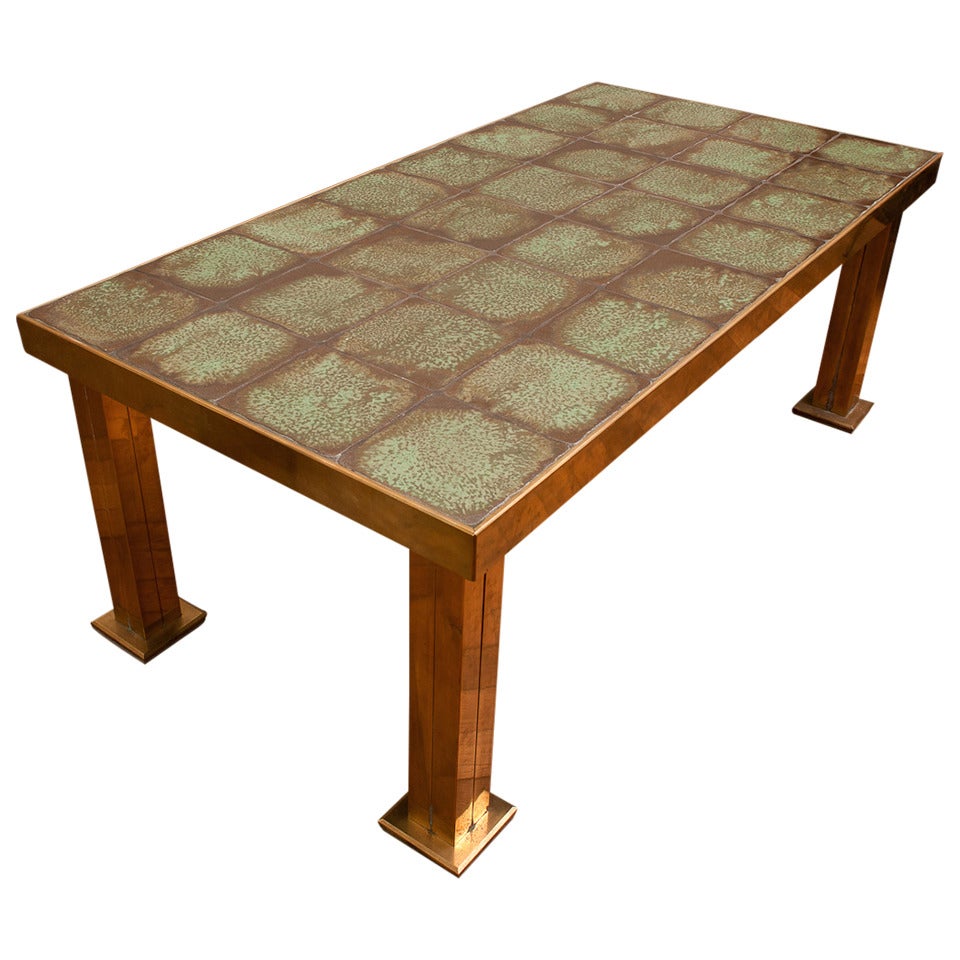 Dining Table of Brass and Ceramic, France circa 1965 For Sale