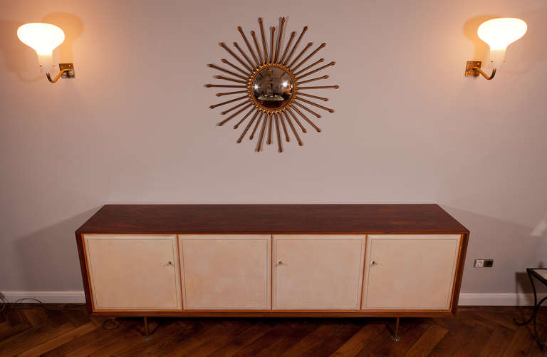 Spectacular sideboard by Otto Schulz, for Boet, Sweden, circa 1950, white leather front doors, rosewood, brass legs, inside birch, two drawers,
Dimensions:
Width 240 cm height 85 cm depth 48 cm.