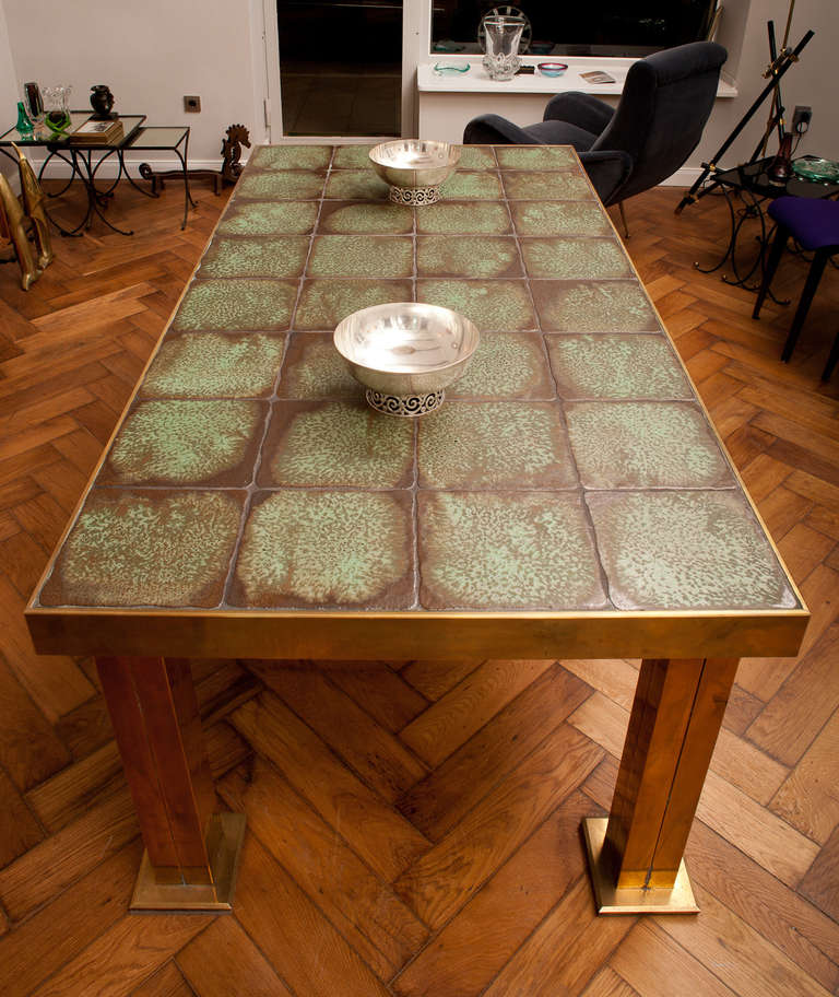 Mid-Century Modern Dining Table of Brass and Ceramic, France circa 1965 For Sale