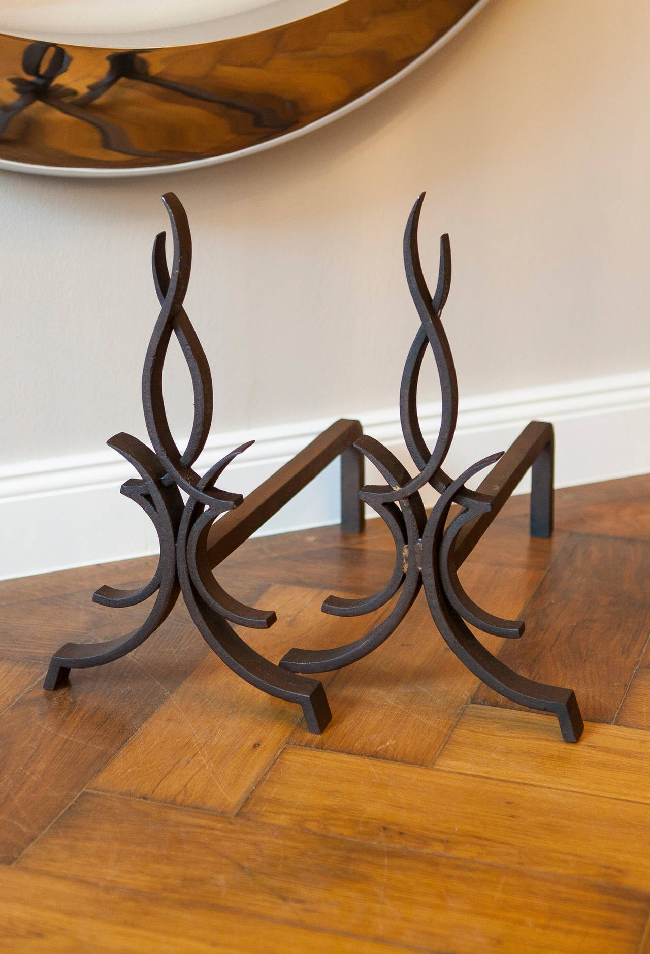 French Pair of Raymond Subes Andirons, France, circa 1940 For Sale