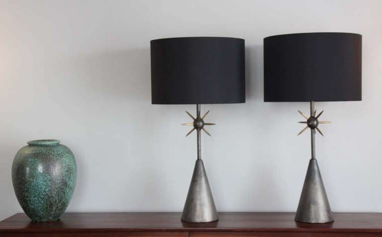 Pair of Star table lamps, solid bronze, black silk and inside gold shades. Very heavy solid bronze hand made objects.