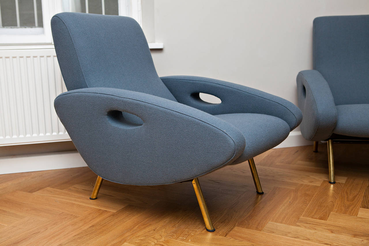 Rare pair of Maurice Mourra armchairs, France, circa 1955, reupholstered, new fabric by Kvadrat, brass legs.