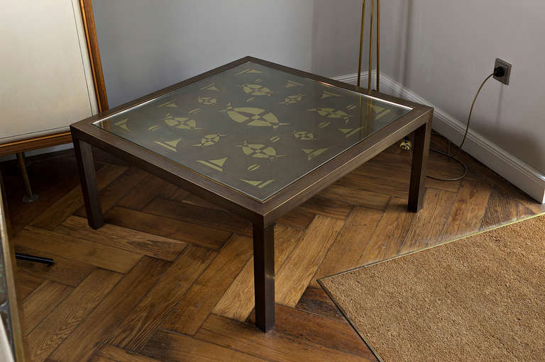 Very rare Willy Daro coffee/sofa table, France circa 1970. Acid-etched brass, brass framed glass top, metal legs, height 40 cm, depth 85 cm x width 85 cm
Signed to lower right: [Willy Daro].
