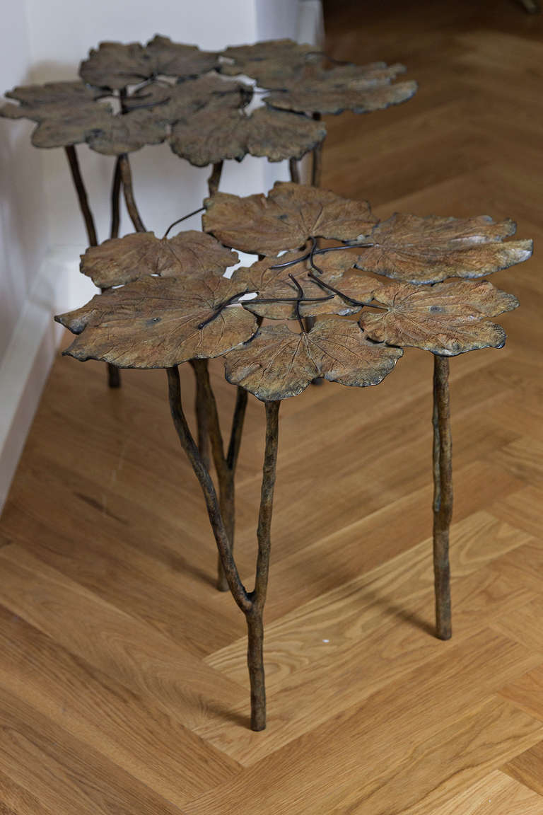 Mid-Century Modern Pair of Leaf Bronze Side Tables For Sale