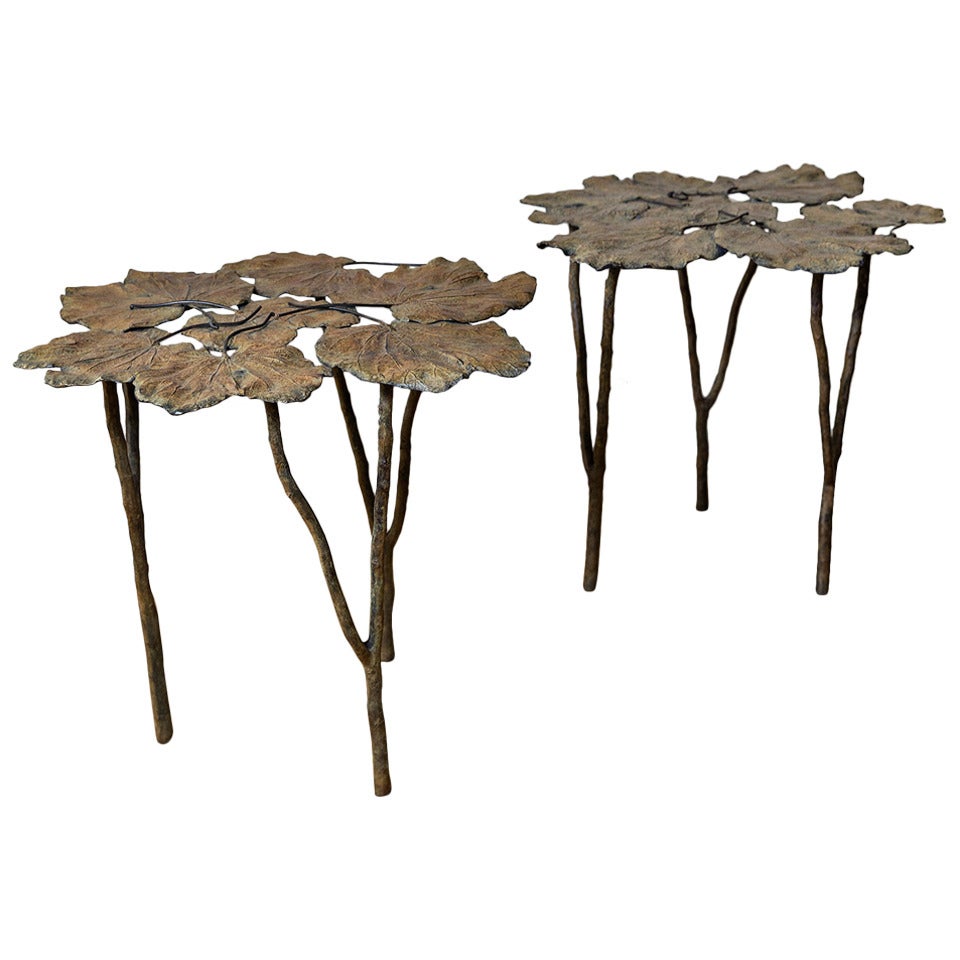 Pair of Leaf Bronze Side Tables For Sale