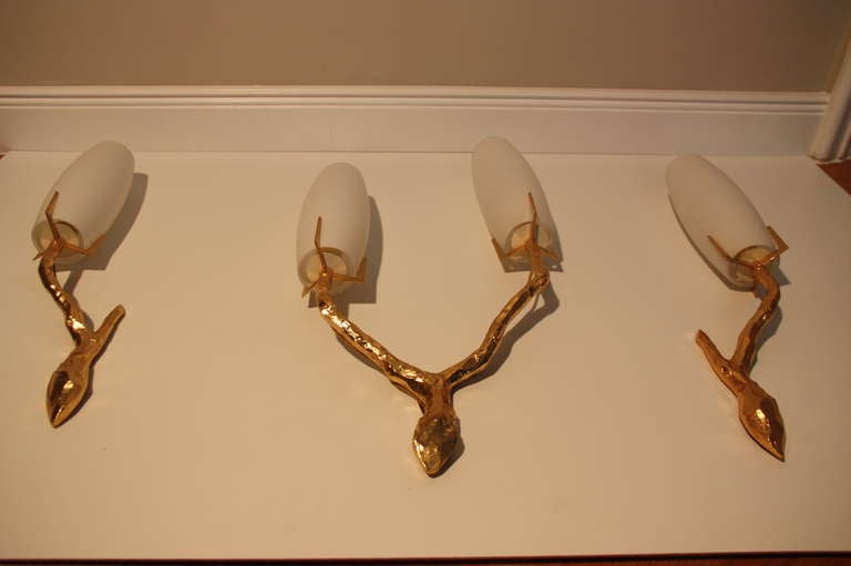 Mid-Century Modern Felix Agostini Sconces, One Pair And One Two Arm Sconces