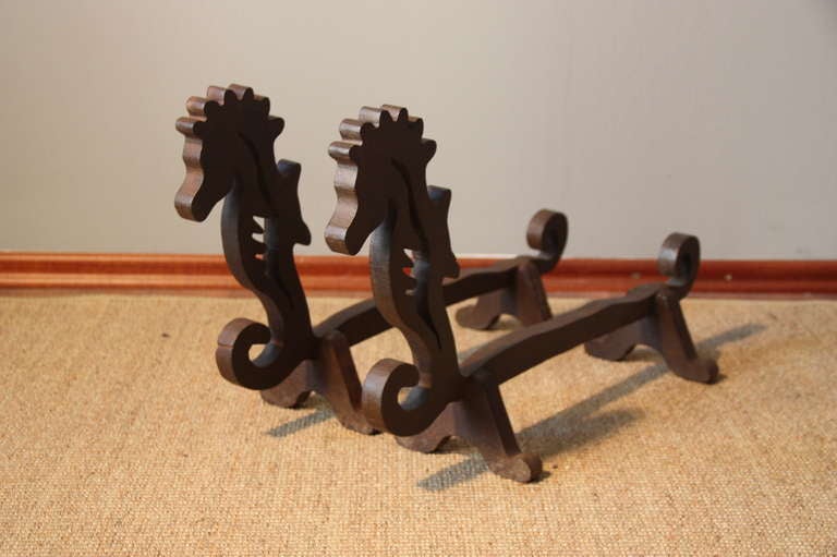 Wrought Iron Pair of Hippocampus Andirons, attr. Edouard Schenck, France circa 1940 For Sale