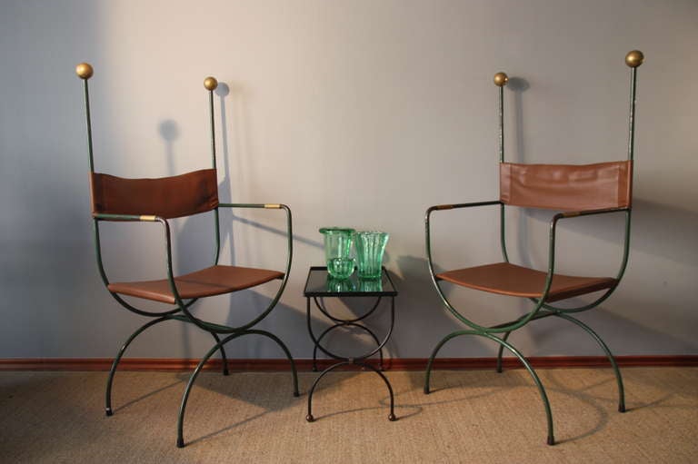 Iron chairs, Maison Jardin, France circa 1940, re-upholstered in leather In Good Condition In Munich, DE