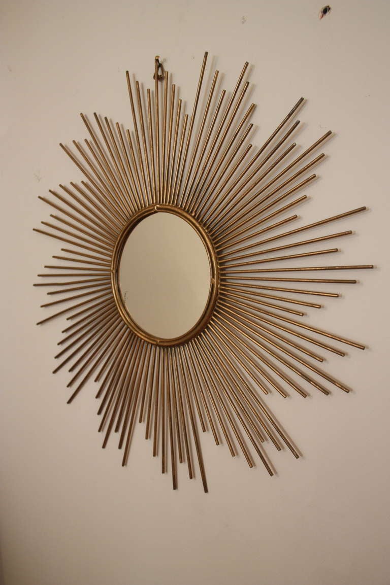 Mid-20th Century Sunburst Mirror Wall, five brass, convex mirrors, France circa 1950