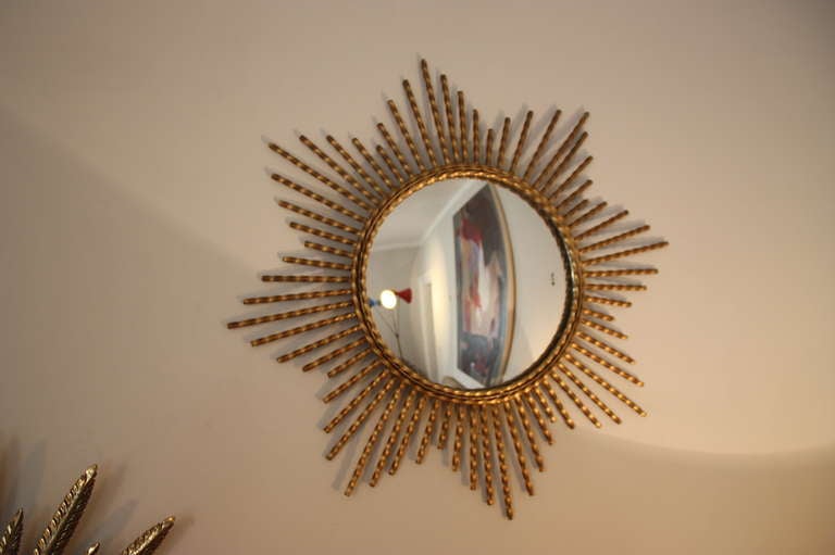 Sunburst Mirror Wall, five brass, convex mirrors, France circa 1950 1