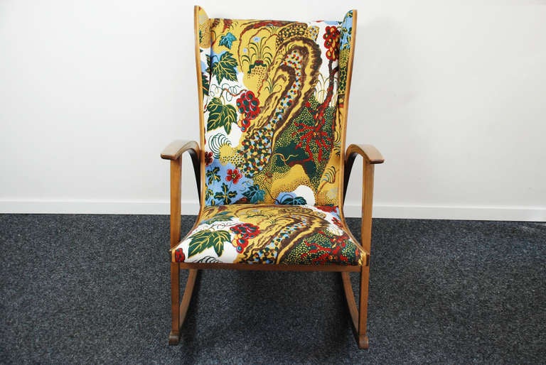 German Knoll Antimott rocking chair, new fabric Josef Frank 1945 For Sale