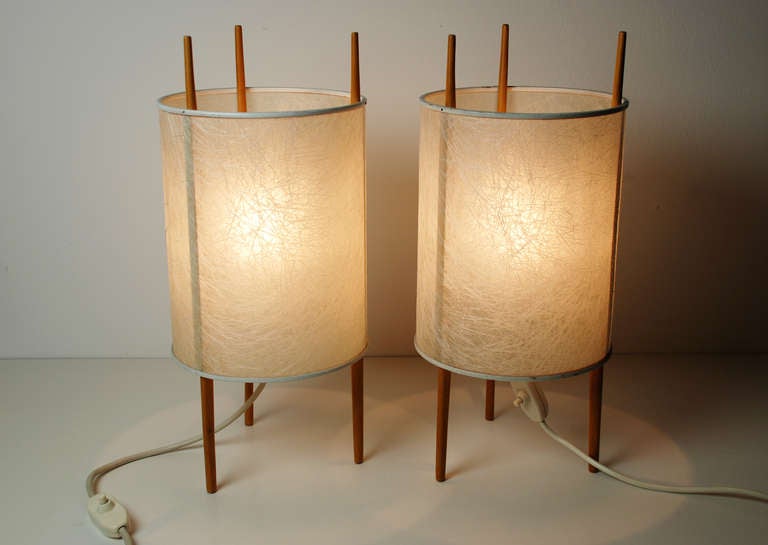 Birch Pair of Three-Legged Cylinder Lamps, 'Nr. 9' by Isamu Noguchi