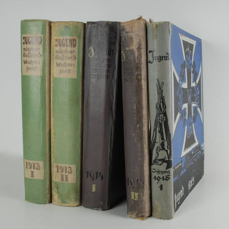 Jugend, fünfbändige Ausgabe 1912-1915, illustrierte Zeitschrift für Kunst und Leben

1913 Band 1 (Nr. 1-27), Band 2 (Nr. 28-53)
1914 Band 1 (Nr. 1-26), Band 2 (Nr. 27-57)
1915 Band 1 (Nr. 1-26)