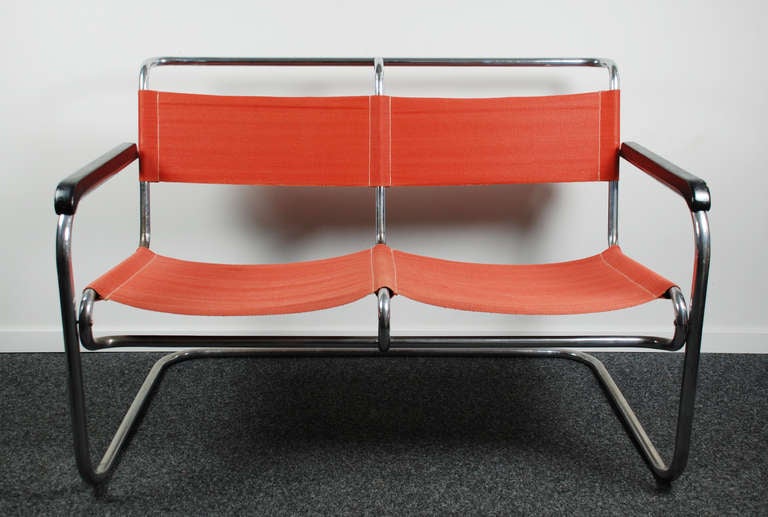 metal tubular bench, anonymous, 30's,

Manufacturer: attr. Arnold, Germany

iron thread fabric, renewed in 80's