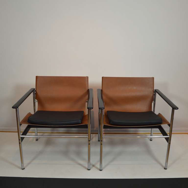 German Charles Pollock for Knoll Pair of Leather Sling Arm Chairs
