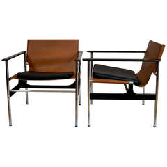 Charles Pollock for Knoll Pair of Leather Sling Arm Chairs