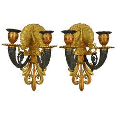 Charming Very Small Pair of Double Light Sconces with Peacocks