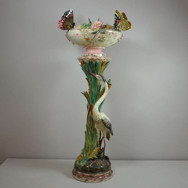 Dated 1890 (or 1893 ?), Cachepot and pedestal both signed with Delphine Massier, Vallauris (A.M) .Overall good condition, with minor flakes due age. Height of pedestal only 46.82 inch, total height 63.38 inch. Due to the production process the base