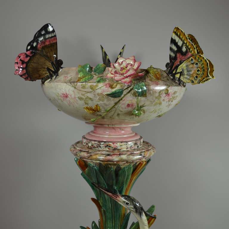 French Exceptional Rare Delphin Massier Majolica Heron Pedestal and Butterfly Cachepot