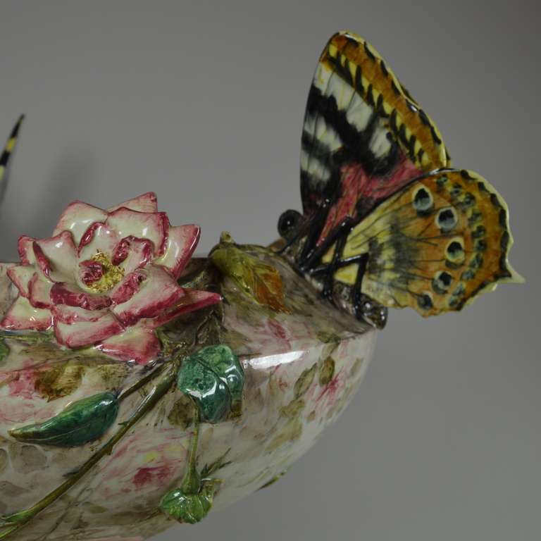 Glazed Exceptional Rare Delphin Massier Majolica Heron Pedestal and Butterfly Cachepot