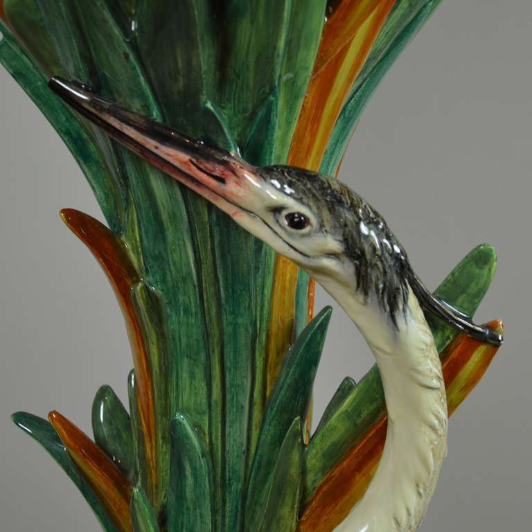 19th Century Exceptional Rare Delphin Massier Majolica Heron Pedestal and Butterfly Cachepot