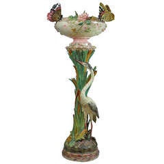 Exceptional Rare Delphin Massier Majolica Heron Pedestal and Butterfly Cachepot