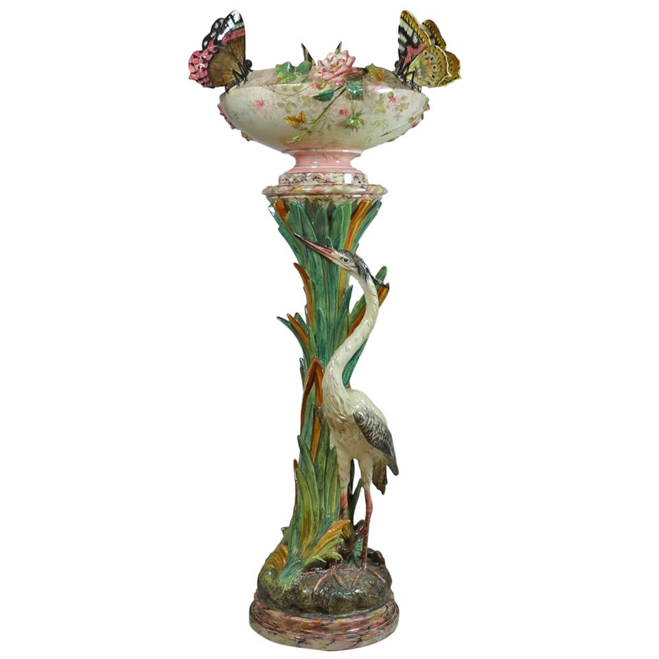 Exceptional Rare Delphin Massier Majolica Heron Pedestal and Butterfly Cachepot