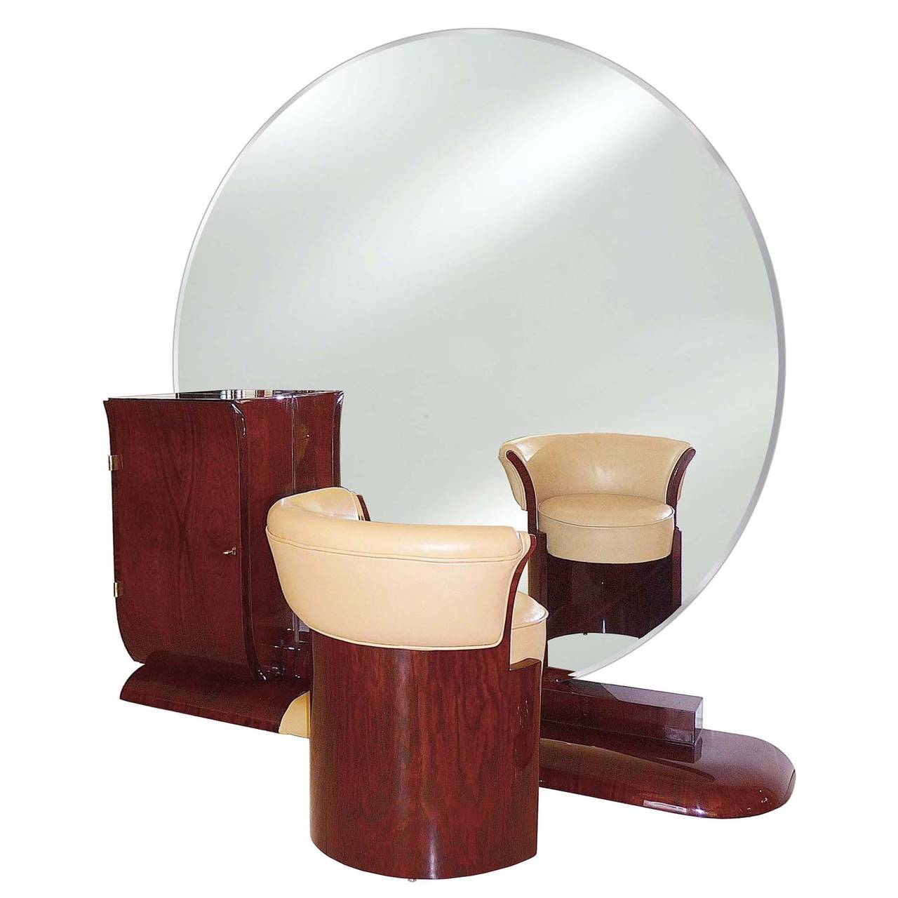 Exquisite, unique coifeuse with round mirror and barrel back tabouret, palisander veneer, interior in mahogany. Restored in high gloss lacquer finish. 