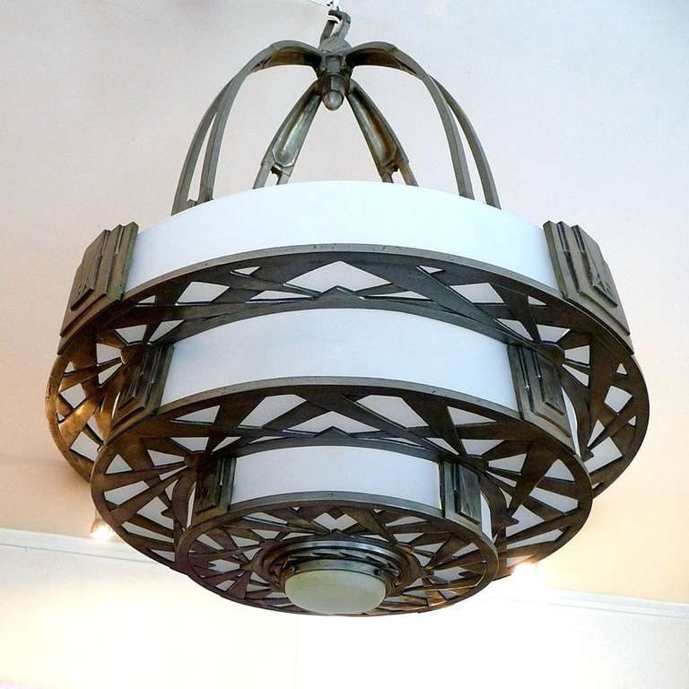 Silvered bronze and glass Art Deco ceiling lamp attributed to Simonet Freres.
Illegible marking (letters and figures) on the bronze.