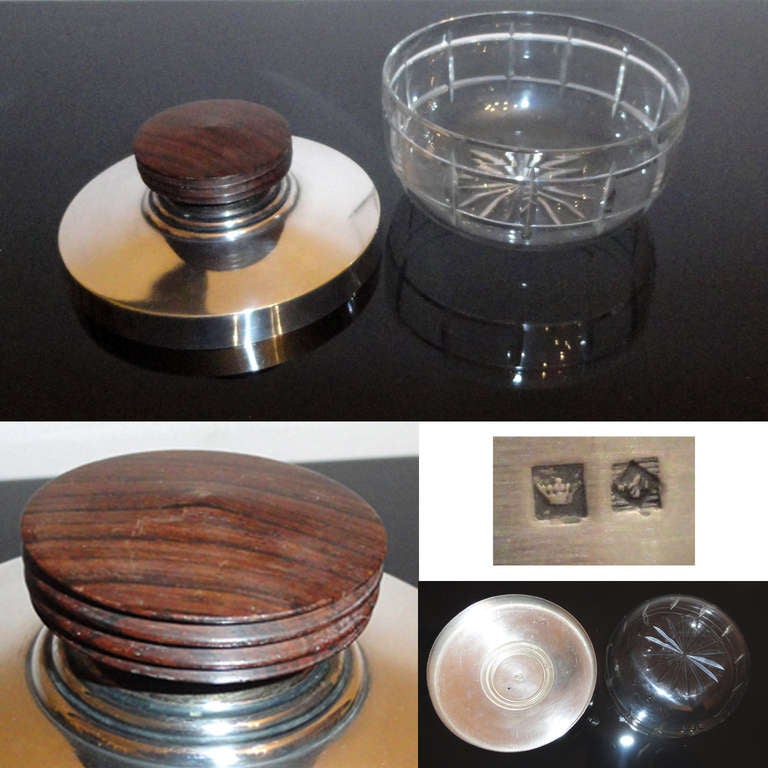 Art Deco Set of Boxes in Crystal, Silvered Metal and Macassar Ebony