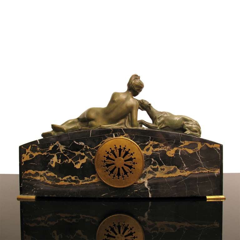 French Beautiful Art Deco Clock Bronze Figure of a Lady with Hound