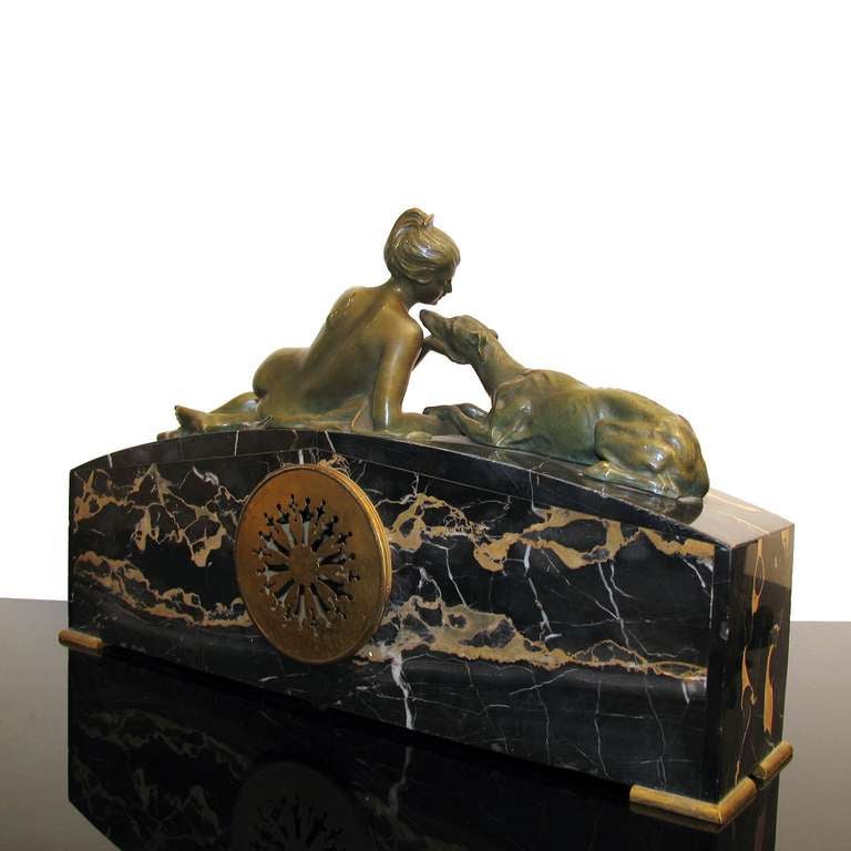 Mid-20th Century Beautiful Art Deco Clock Bronze Figure of a Lady with Hound