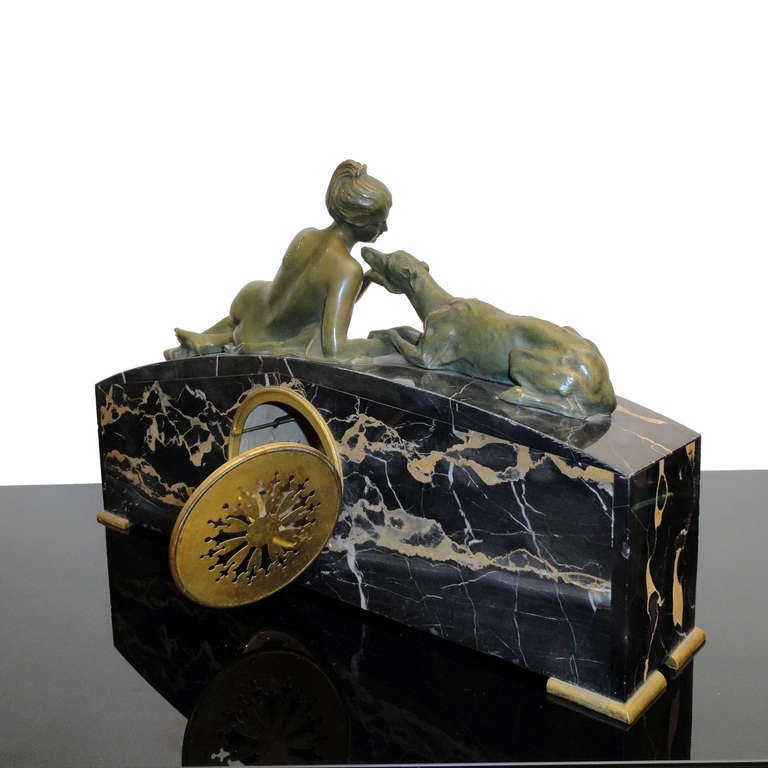 Beautiful Art Deco Clock Bronze Figure of a Lady with Hound 1