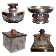 Vintage Set of Boxes in Crystal, Silvered Metal and Macassar Ebony
