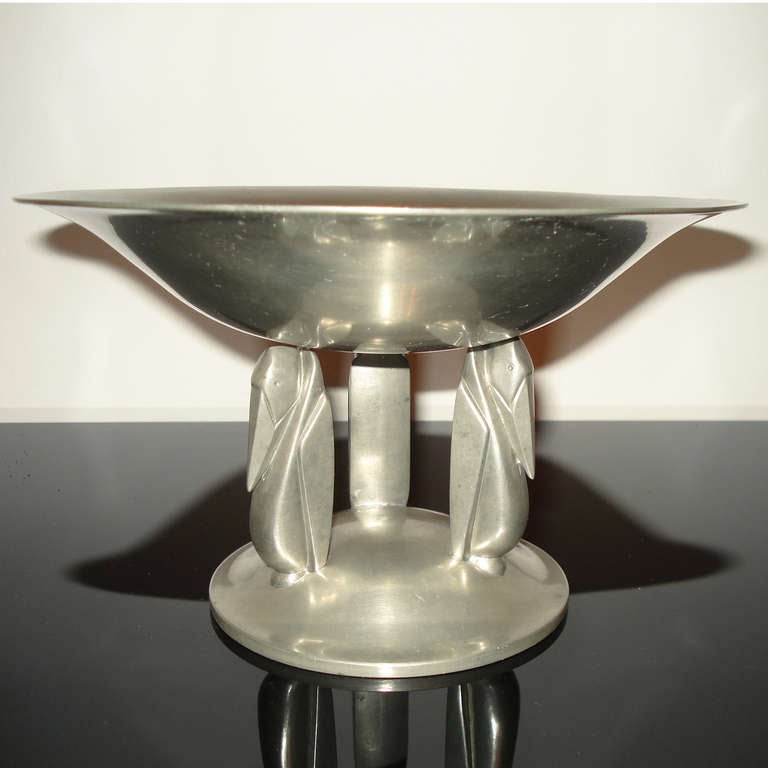 Refined Art Deco Pewter Bowl Resting on Marabous at 1stdibs