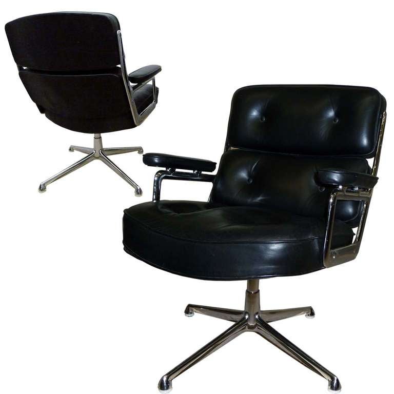 Two pieces available!  Pair of Time Life Lobby Chairs 675.  Originally designed by Charles and Ray Eames for the lounge of the Time-Life building in New York in 1960.  Produced by Herman Miller.  Black leather and polished aluminium