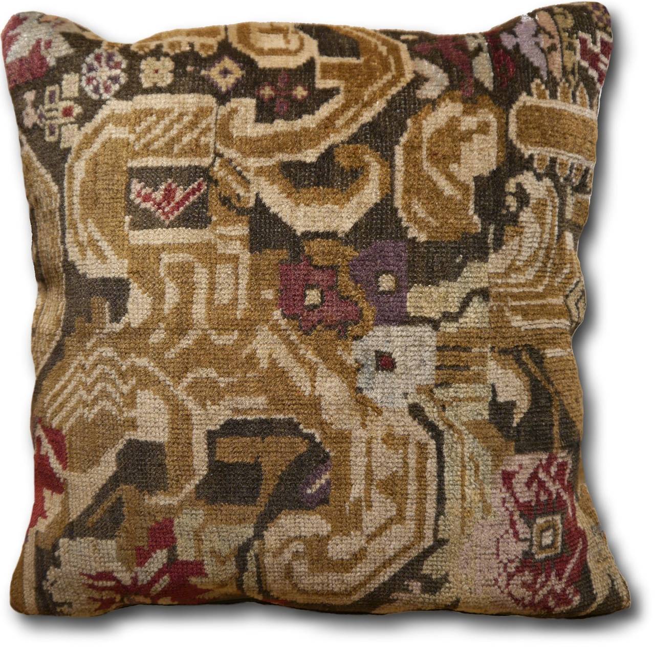 Exquisite European Bessarabian antique rug pillow. Perfect condition. Wool pile and wool foundation, backing 100% cotton. Comes with zipper and filling 100% goose feathers. Backing, zipper and filling are new. Three more pillows in same size and