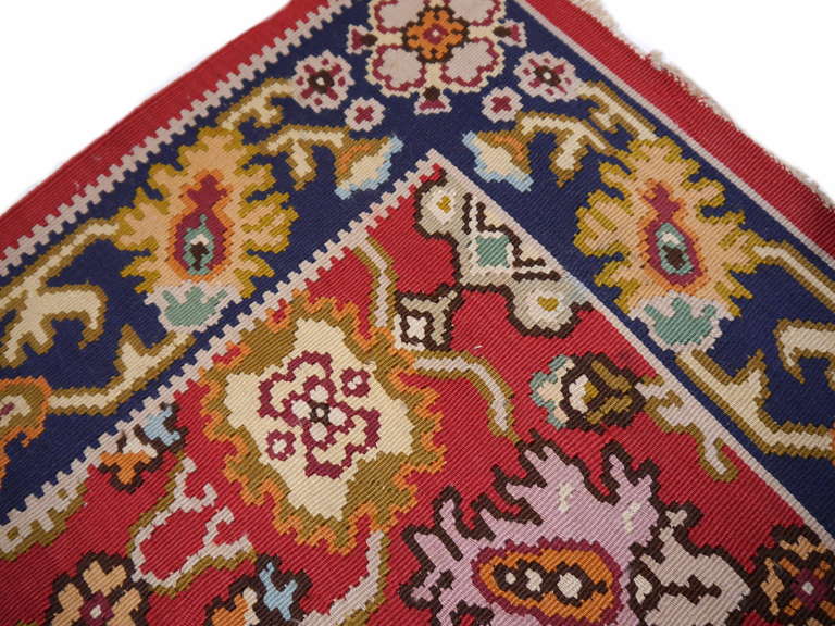 One of a Kind european Kilim from Romanian. Very good condition, super soft shiny wool, phantastic colors.