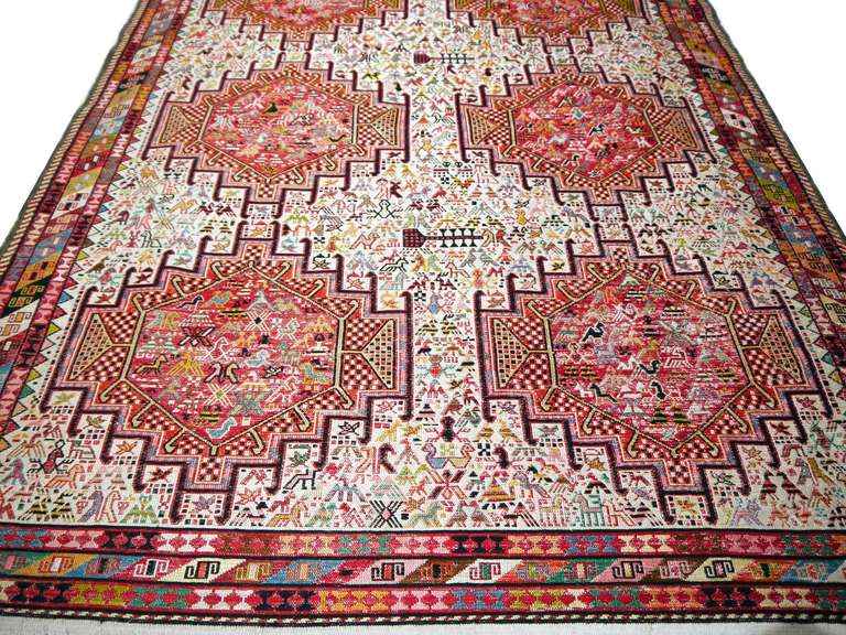 Very fine silk Kilim, handwoven and embroided design.
