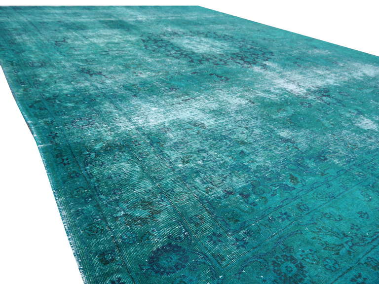 Wool Turkish distressed vintage emerald green overdyed rug