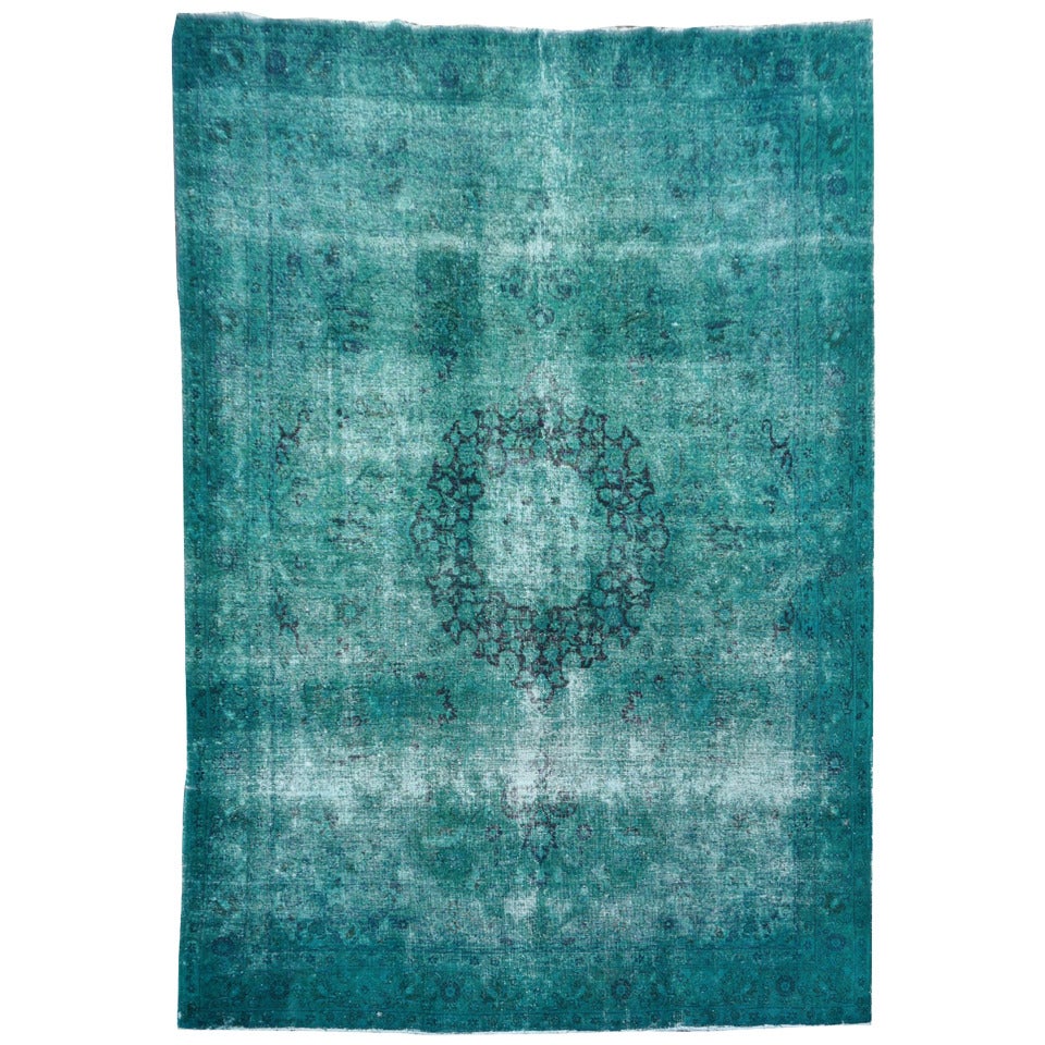 Turkish distressed vintage emerald green overdyed rug