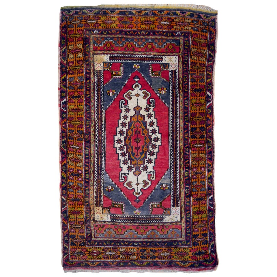 Vintage Rug Red Blue and Ivory Wool, hand knotted Persian Carpet For Sale