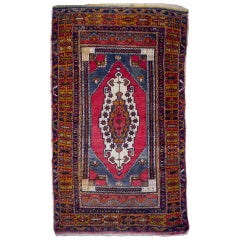 Vintage Rug Red Blue and Ivory Wool, hand knotted Persian Carpet