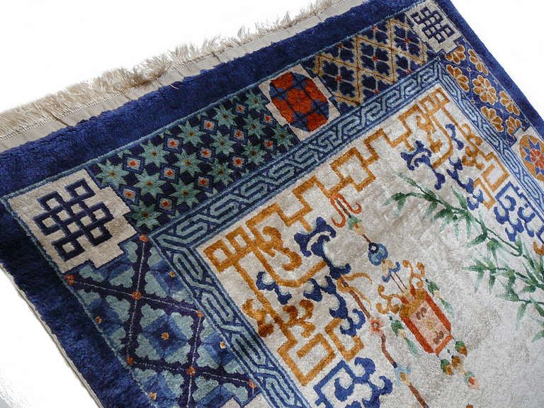 Beautiful pure silk vintage rug. Handknotted in China using best quality silk and master weavers to create this work of art. Very good full pile condition, fringes minimal shorter in some areas.