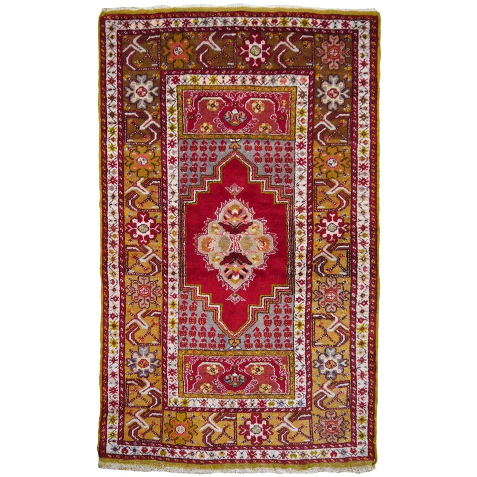 Semi Antique Turkish Kirsehir Rug red and green For Sale